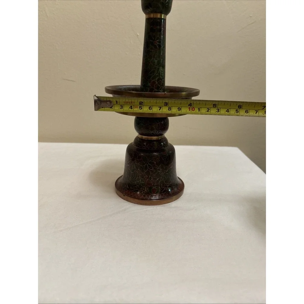 Vintage Chinese Cloisonne Floral Candlesticks Copper Brass 10.5 Inch Set of 2